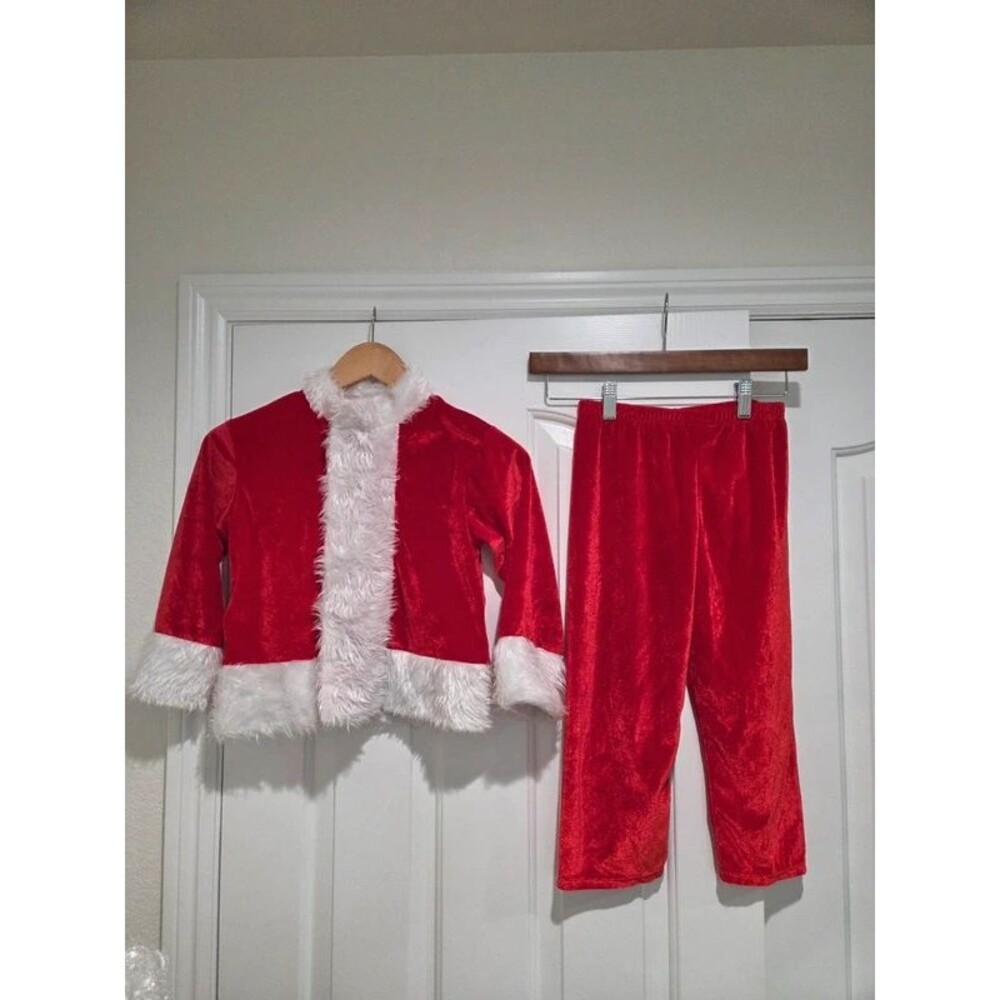 Kids Santa Claus Costume Red Suit Pants Hat Beard Wig Boot Covers Christmas